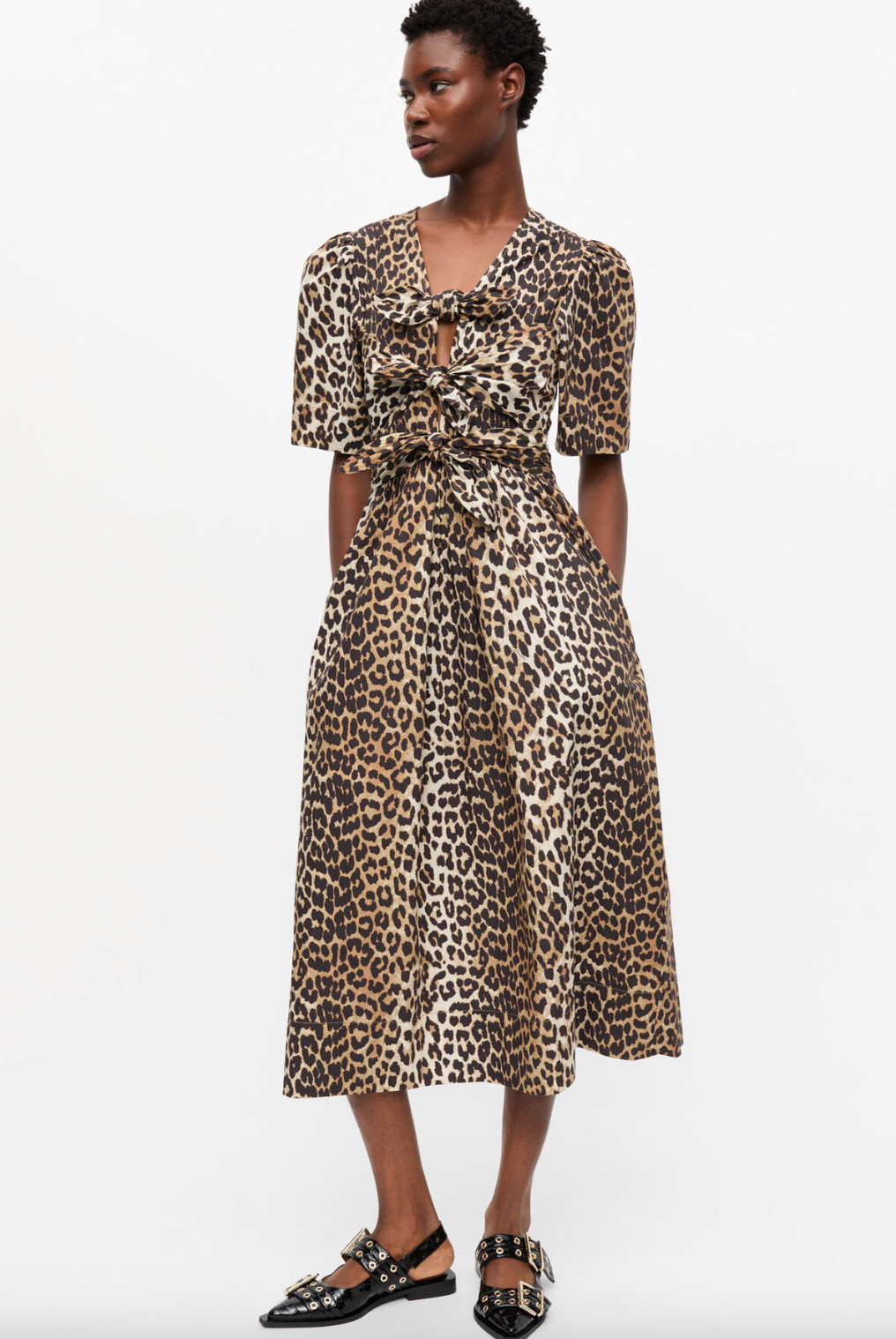 Printed Cotton Tie Strap Midi Dress