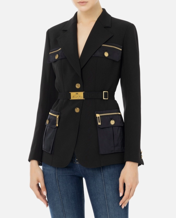 Stretch Crepe Jacket with Belt & Pockets