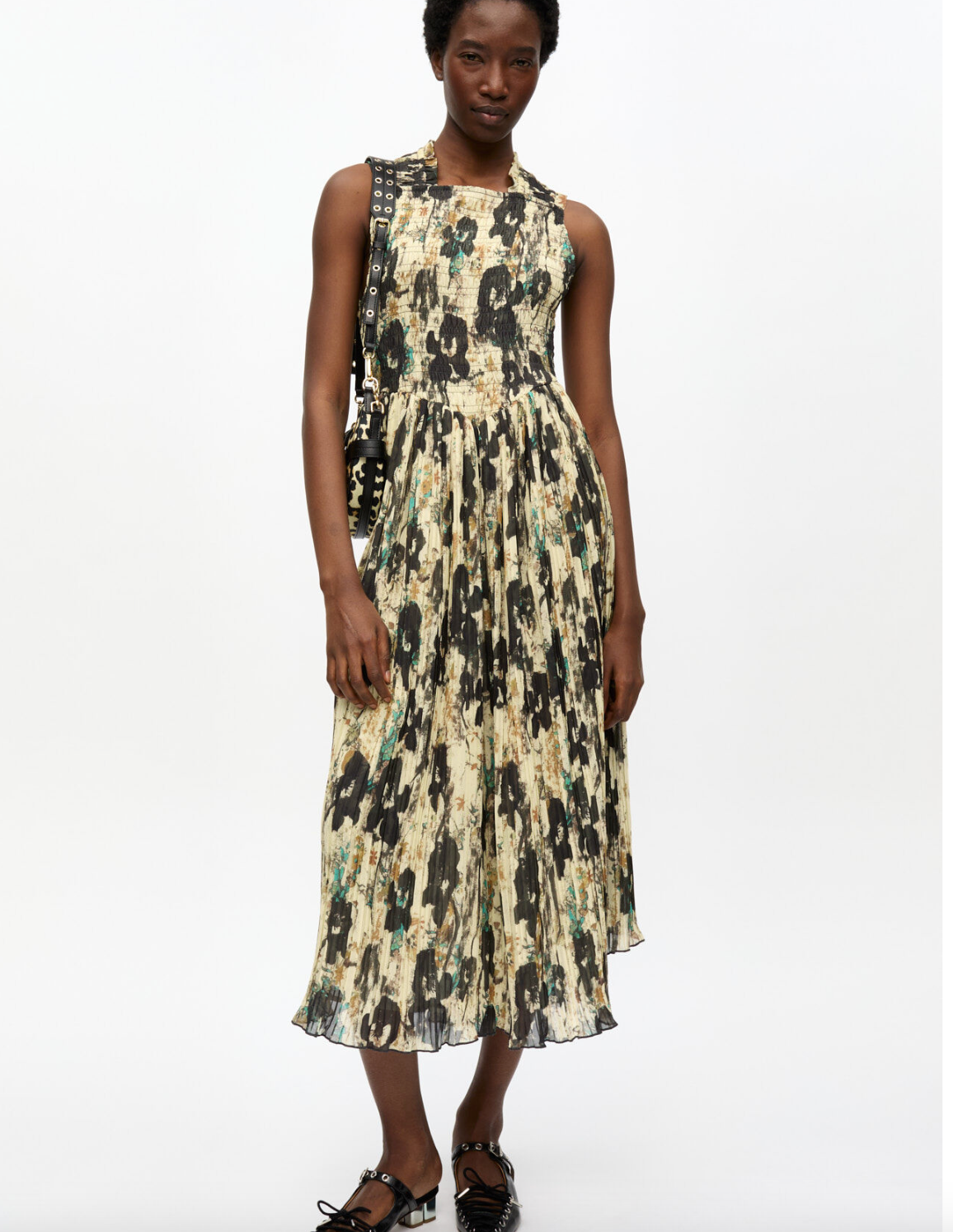 Printed Pleats Smock Midi Straps Dress