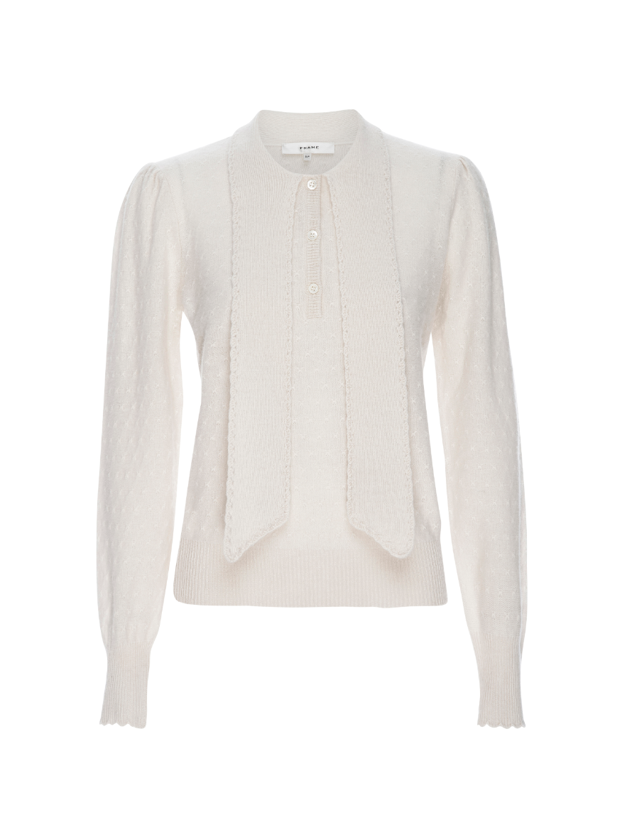 Pointelle Tie Neck Sweater