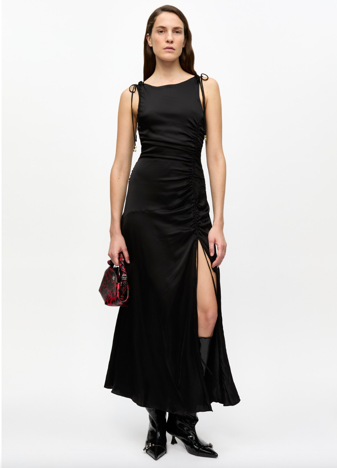 Solid Satin Gathered Long Dress