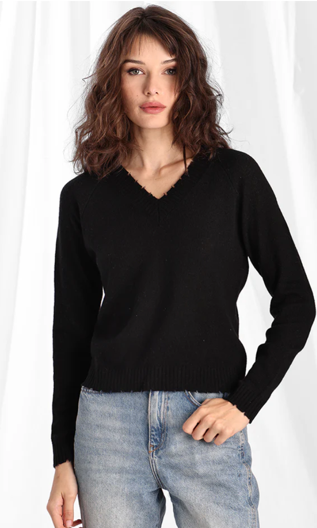 Cashmere Frayed Edge Cropped V-Neck