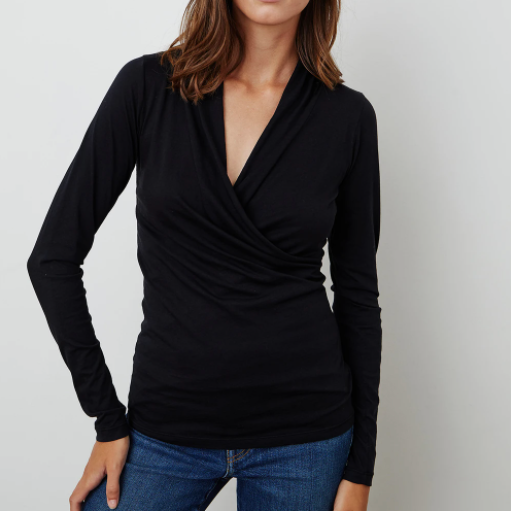 BLACK COTTON WRAP STYLE STOP LONG SLEEVE VELVET BY GRAHAM AND SPENCER