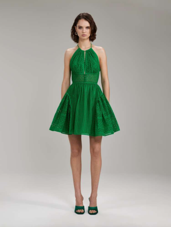 Self-Portrait Green Cotton Broderie Anglaise Mini Dress