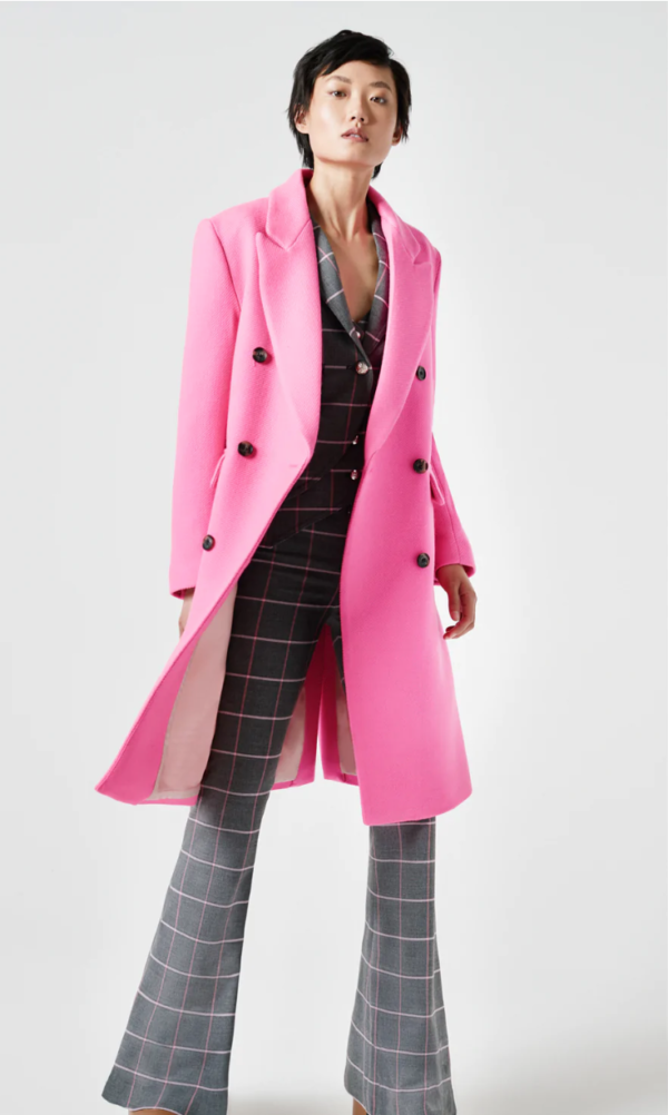 Smythe DB Hot Pink Trench Overcoat double breasted with tortoise color buttons