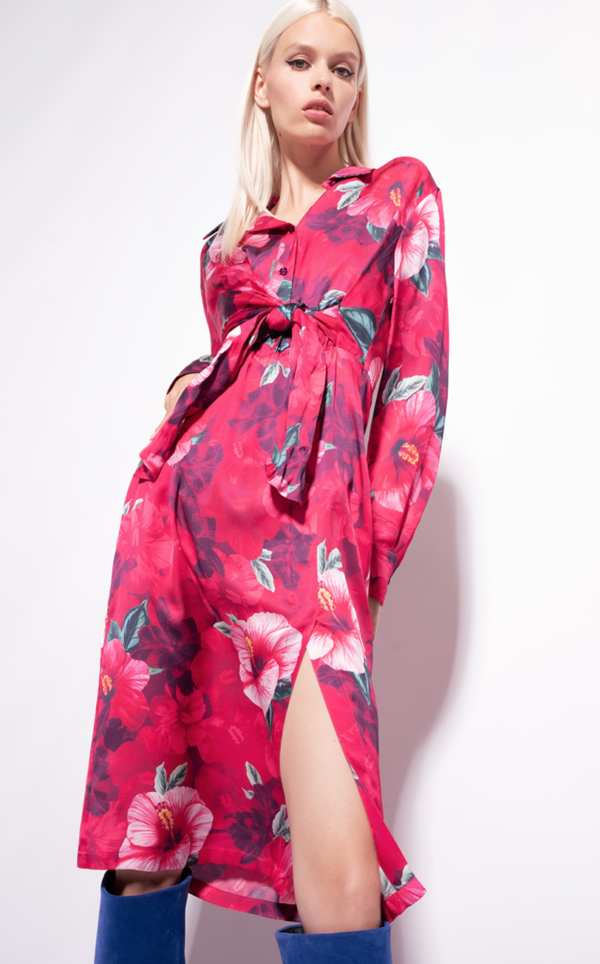 Viscose midi satin shirt dress with hibiscus floral print, tie waist, and leg slit