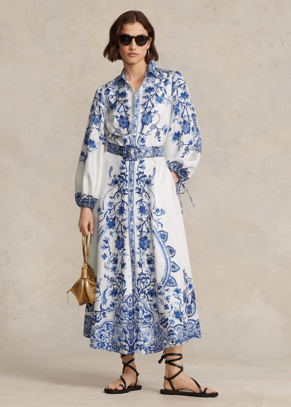 Polo by Ralph Lauren Blue and White Floral Midi Dress with collar