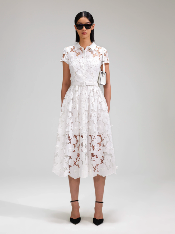 Self-Portrait White Collared Lace Dress with Buttons and Waist Belt