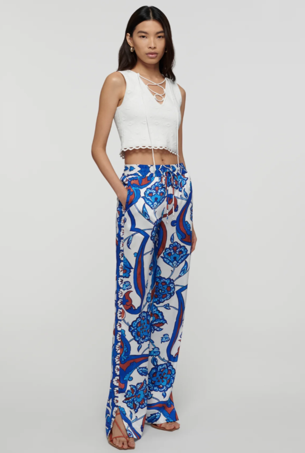 Derek Lam 10 Crosby Satin Floral Pants With High Rise and Elastic Waistband