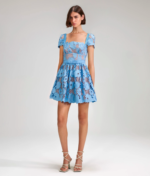Self-Portrait Blue 3D Cotton Lace Mini Dress